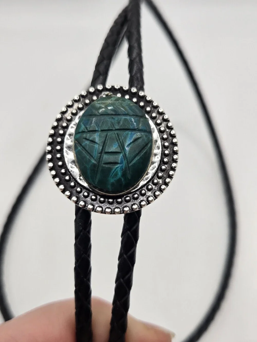 Silver Chrysocolla Scarab Western Bolo Tie Leather Braid Rockstar 70s Aesthetic